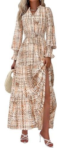 PRETTYGARDEN Women's Floral Maxi Dress 2026 Fall Long Sleeve V Neck A Line Long Flowy Spring Party Boho Dresses (Floral Khaki,Large)