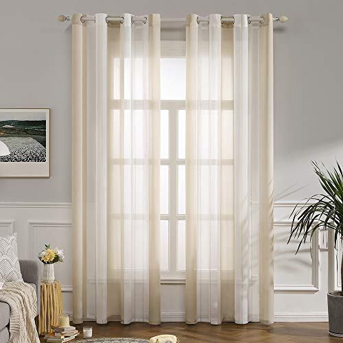 MIULEE Tende a Righe per Interni, Tende Trasparenti in Voile Camera da Letto, Tenda Salotto Moderne con Anelli, Bianche e Beige, 2X 140x235 CM
