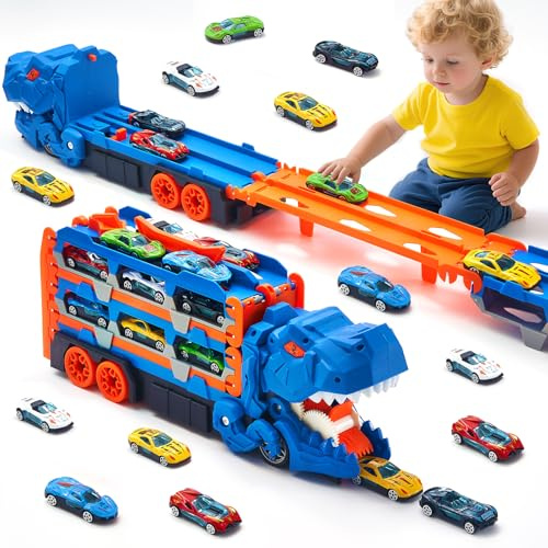 COOLDELE Toddler Transport Truck Toy, Dino Carrier with 12pcs Die-Cast Cars & 152 cm Track, Transforms Truck Playset for Toddlers Boys Age 3 4 5 6 Years Old, Birthday Xmas Gift for Kids Boys