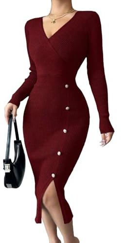 JENJON Donna Vestiti in Maglia Aderente Midi Abito con Scollo a V Maniche Lunghe a Vita Alta Elastico Abiti con Bottoni Casual Autunno Inverno