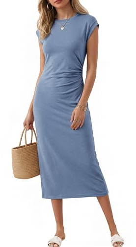 Newshows Summer Dresses for Women Wrinkle Free Casual Midi Dress Crew Neck Ruched Shirt Sundress with Split