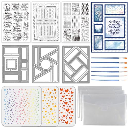 TWINKLEMON 3 transparente Stempel, Stanzschablonen und Schablonen für die Herstellung von Grußkarten, transparenter Stempel und rechteckiger Rahmen aus Metall, Stern- und Herzform, PET-Schablone