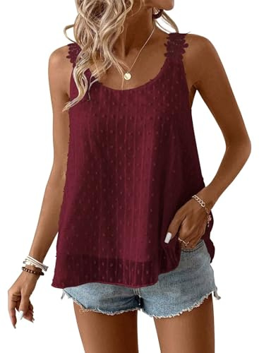 TUUHAW Debardeur Femme Débardeur sans Manche Été Col Rond Caraco Bohème | Fluide Floral Élégant Tank Top, Bretelles Lâche Plissé Bohème Chemise, Uni Caraco, Lâches Cami Hauts, Plissé Dentelle Blouse