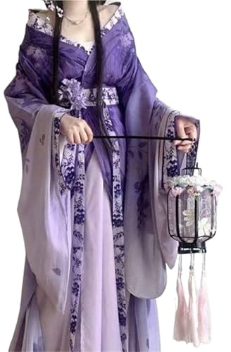Kvinnors urgamla kinesiska Hanfu-klänning Lila Gradient Wei Jin-stil Flytande bred ärm med blommigt tryck Robe Fullt set for festival Cosplay-fotografering