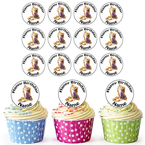 AK Giftshop Rapunzel Princess - 24 Personalised Edible Cupcake Toppers/Birthday Cake Decorations - Easy Precut Circles