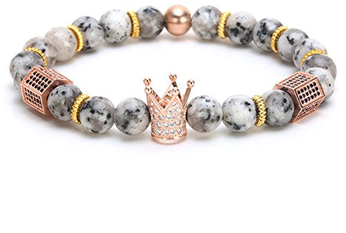SEVENSTONE 8mm Crown King Charm Bracelet for Men Women Black Matte Onyx Stone Beads, 7.5
