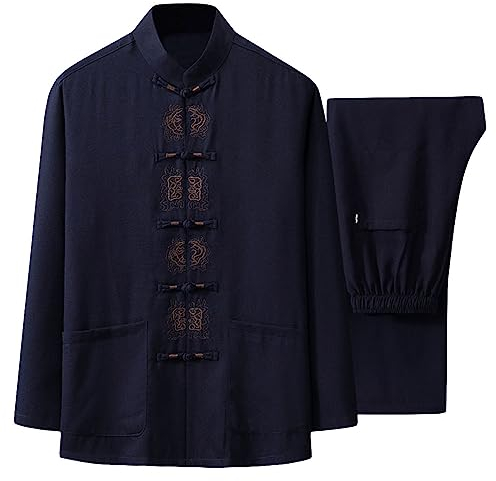 G-LIKE Herren Kungfu Tang Anzug - Traditionelle Chinesische Kampfkunst Taichi Shaolin Wushu Qigong Langärmelig Gestickt Training Freizeit Kleidung Uniform Jacke Hose (Navy, S)