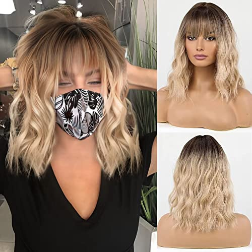 HAIRCUBE Parrucca Lunghezza Spalla Parrucca Capelli Ricci Ondulati Parrucche Colore Biondo e Radici Scure per Donne con Frangetta