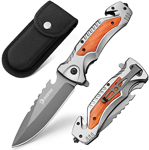 NedFoss DA169 Klappmesser, 9.5 CM Taschenmesser mit Gurtschneider & Glasbrecher & Flaschenöffner, Einhandmesser mit Liner Lock & Kugellager, Rettungsmesser für Auto, Survival Rescue messer Outdoor