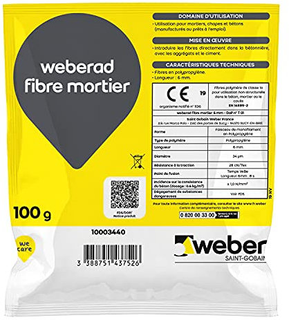 WEBER Fibre synthétique pour augmenter la capacité de déformation des mortiers 6mm, Weberad fibre mortier