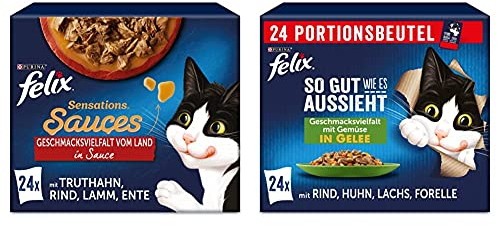 FELIX Sensations Saucen Katzenfutter nass, Sorten-Mix, 4er Pack (4 x 24 Beutel à 85g) & So gut wie es aussieht Katzenfutter nass in Gelee, Sorten-Mix, 4er Pack (4 x 24 Beutel à 85g)