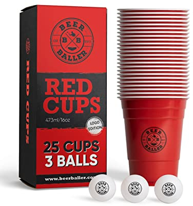 BeerBaller® Logo Red Cups - 25 rote Beer Pong Becher & 3 Bier Pong Bälle | spülmaschinenfest & wiederverwendbar | 473ml - 16oz Partybecher | Bierpong Becher Set | Original American Beerpongbecher