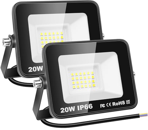 RIGIDON 2x utomhus LED arbetslampa 20W 2000lm strålkastare kallvit | ingen kontakt, 6000K, säkerhetsbelysning, för trädgård, gård, gräsmatta, uteplats, landskap, garage, IP66 vattentät