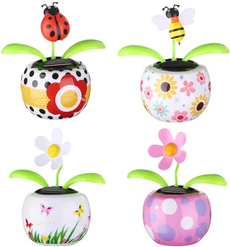 4 Solar Dancing Bee Toy Solar Powered Dancing Sun Flower in Colorful Pots Swinging Ladybug Shape Flip Flap Animated Bobblehead Dancer Window Rose Sun Catcher Car Dashboard Decor