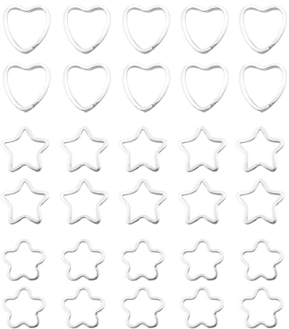 LEEQ 30pcs Anneau Porte clé - Anneaux Fendus en MéTal Anneaux Porte Clés éToile Anneau Porte-CléS MéTal CœUr Mini Porte-CléS Stable,comme Porte-CléS Et Artisanat