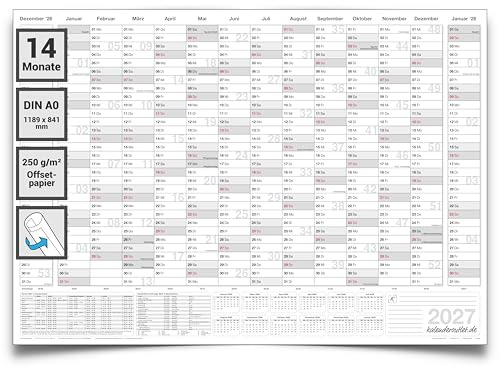 Kalenderoutlet Wandkalender 2027 DIN A0 XL, 14 Monate Jahreskalender grau