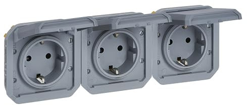 LEGRAND, Plexo New Einsatz, Feuchtraum-Steckdose, 3-fach, Schuko-St., inkl. Klappdeckel, Berührungsschutz, vorverdrahtet, horizontal, IP44 - IK08 (IP55 bei geschlossenem Deckel), Farbe: Grau, 069578L