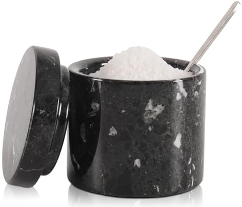 SPESHSTONES Marmor saltkällare med lock och sked, svart saltbehållare 1,5 | Handgjord 3 tums salthållare för flagnande salt, peppar eller kryddor på din köksbänk, färgen varierar beroende på