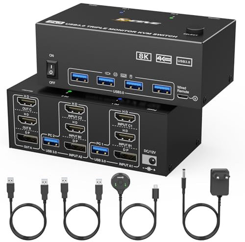 KVM-omkopplare 2 PC 3-bildskärmar, KCEVE 2 HDMI 1 DisplayPort USB 3.0 KVM-omkopplare, 8K@30Hz/4k@144Hz trippel monitor KVM för 2 datorer, 3 skärmar och 4 USB 3.0-enheter