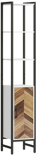 HOMCOM Armario Alto de Baño Columna de Baño con 3 Estantes Abiertos 1 Puerta y Estante Ajustable Mueble Auxiliar de Baño con Sistema Anti-vuelco 30x30x170 cm Blanco y Nogal