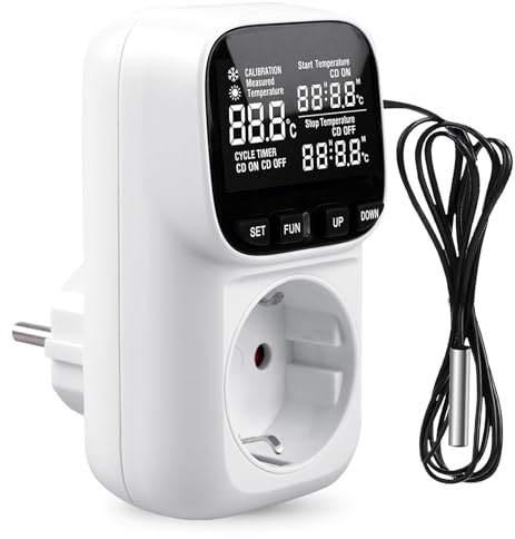 Digitalt temperaturregulatoruttag, temperaturbrytare med givare 230 V, digitalt termostatuttag med LCD-skärm, uppvärmning kylning temperaturbrytare för växthus akvarium reptiler