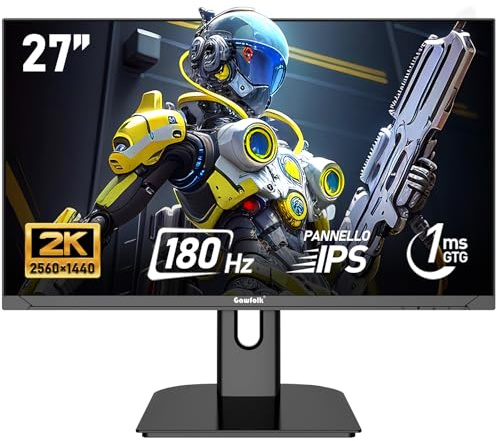 Gawfolk Schermo PC IPS da 27 pollici, 2K WQHD (2560 × 1440), monitor da gioco 180Hz, 1ms senza bordi, 100% sRGB, 178 ° grandangolo, HDMI, DisplayPort, compatibile con 75 * 75mm montaggio a parete-Nero