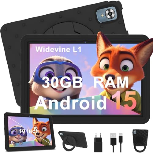 DMOAO Tablet Bambini 10 Pollici Android 15 con 30GB RAM, 5G Wi-Fi 6, 64GB ROM(2TB), Control Parental, Octa-Core, 8MP+5MP, 6000mAh, Custodia Protettiva EVA + Supporto Girevole a 360°, Nero