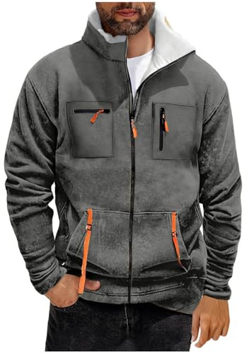 Générique Veste Homme Polaire Blouson Zippé Veste de Travail Plusieurs Poches Chaud Manteau Col Revers Coupe-Vent Casual Couleur Unie Outcoat Automne Coupe Ample Outerwear Vêtements Gris foncé S