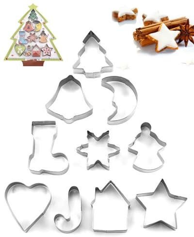 HUVZOR 10 Piezas Moldes Galletas Navidad de Acero Inoxidable, Cortadores de Galletas para Repostería y Chocolates con Diferentes Figuras Navideñas para Hornear Decoraciones de Pasteles