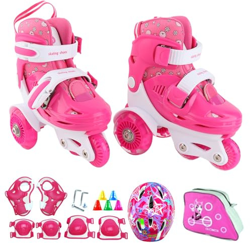 ERYUE Zapatos de Patinaje con Flash para Niños, Juego de Patinaje sobre Ruedas para Principiantes con Equipo Seguridad, Casco, Rodilleras y Coderas Niños (#5)