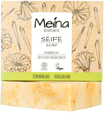 Meina Bio Seife, Naturseife mit Zitronengras, Kurkuma und Ringelblume, 100% Natürlich, Ohne Palmöl, Zertifizierte Naturkosmetik, Vegan, Handgemacht, Wie ein festes Duschgel, 100g