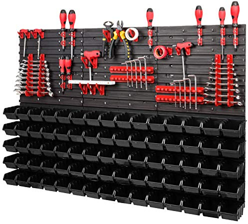 PAFEN Lagersystem Wandregal XXL 1158 x 780 mm - Extra Starke Werkzeugwand mit Stapelboxen – 111 tlg. - Rot Werkzeughalter + Schwarz Boxen