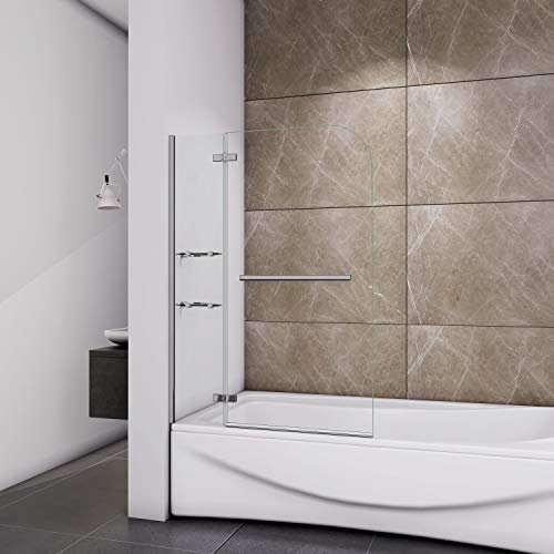 100x140cm Mampara de Bañera Dos Estantes + Un Toallero Panel Plegable 180° Cristal 5mm