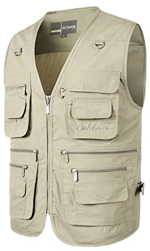 Yukirtiq Herren Anglerweste Outdoor Weste mit Vielen Taschen Schnelltrocknend Sommerweste Funktionsweste Jagdweste Safari Fotografie Hundesport Weste, Beige, M