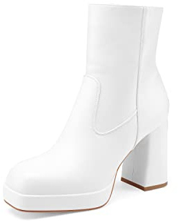 Oh Mispares Women Ankle Boots Platform Boots High Chunky Heel Cozy Leather Gogo Boots Square Toe Side Zipper