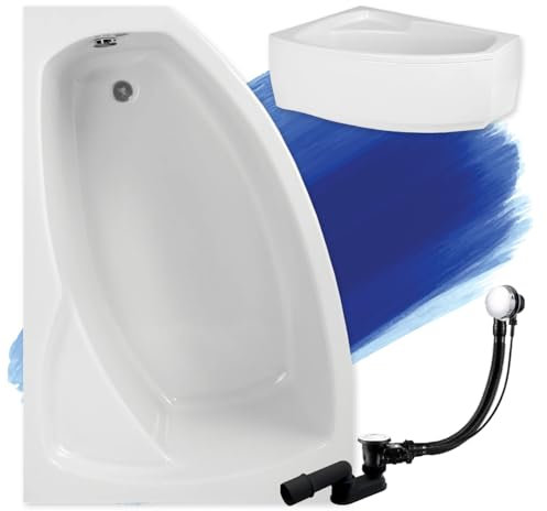 BADLAND Badewanne Original Weiß Acryl Wanne Eckbadewanne FRIDA 140x90 Links KOMPLETTSET SET mit Weiß Acrylschürze + Füßen und Exklusive Chrom Automatik Ablaufgarnitur Made in EU 4in1