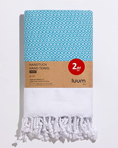 Luum® 2er Hamam Handtücher Set, Sport Handtuch Set, Turkish Towel Set, Haar Handtuch Set, 100% ringgesponnene Baumwolle, schnelltrocknend, fusselfrei, Türkis, 45x95, Geschenkset
