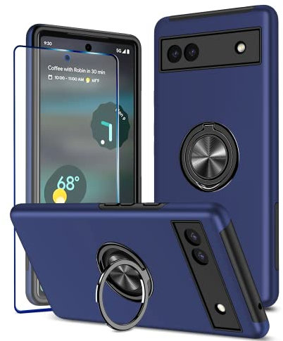 KRAFTCARE Hülle für Google Pixel 6A mit 1 Pack Panzerglas Schutzfolie, Handyhülle mit Eingebetteter 360° Grad Ring, Magnetische Schutzhülle Stoßfest Cover Case für Google Pixel 6A,Blau