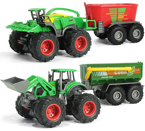 KARMOUNT Bauernhof Traktor mit Anhänger, Reibungsangetriebener Traktoren, Frontlader aus Metall Körper mit Anhänger und Futtermischwagen, ideales Bauernhofspielzeug für Kinder