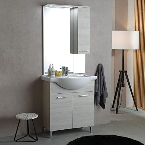 KIAMAMI VALENTINA Badezimmerschrank 2-türig Eiche grau 75cm, Waschbecken, Spiegel und Oberschrank Rimini