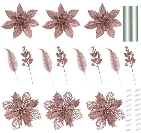 Fleurs de Noël Rose,ilauke 20 Fleurs de Poinsettia 13/15cm,Poinsettia à Paillettes de Noël avec 6 Tiges de Baies+4 Feuilles+25 Tiges+25 Clips,Fausses Fleurs en Plastique pour Mariage Guirlande Fête