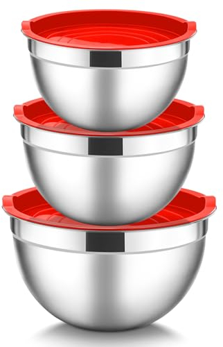 HaWare Stainless Steel Mixing Bowls Set of 3, Nesting Salad Bowls with Airtight Lids, Metal Serving Bowls for Baking/Prepping/Food Storage, Heavy Duty & Dishwasher Safe - 1.5/3/4.5QT, Red