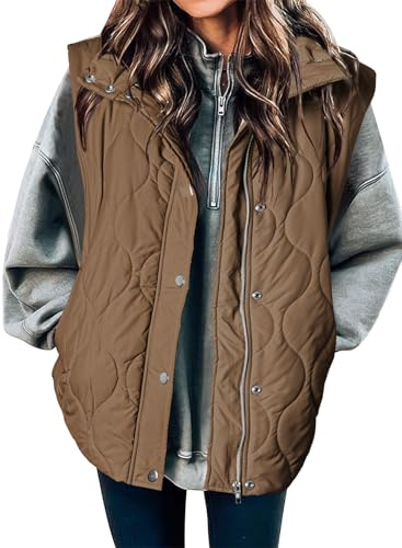 EVALESS Casual Cropped Puffer Vest Women Plus Size Lightweight Quilted Stand Collar Sleeveless Jackets Fall Winter 2025 Button Zip Up Warm Coat Outerwear with Pockets Brown XX-Large