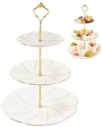 DUJUST Luxury Porcelain 3-Tier Cupcake Stand Tower, British Style Serving Tray with Golden Trim, Food Grade Dessert Display Stand, Beautiful Gift for Tea Party & Home Décor