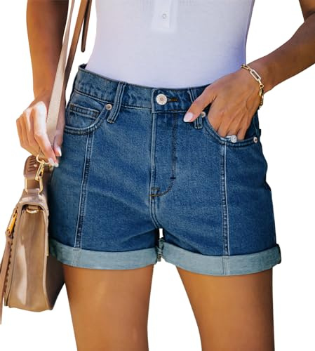 SANMM Shorts for Women Casual Stretchy Denim Jean Shorts High Waisted Cuffed Hem Dress Shorts for Summer(Deep Retro,S)