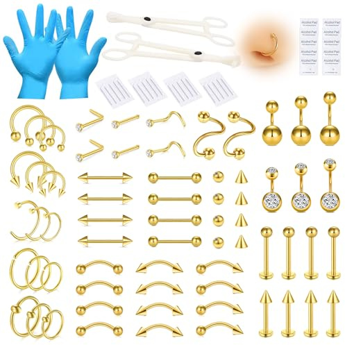 AVYRING Set di 99 piercing misti, 14 g, 16 g, 18 g, 20 g, 316 l, in acciaio chirurgico, per naso, ombelico, sopracciglio, labbro, lingua, orecchio, trago, elica, gioielli, Acciaio inossidabile