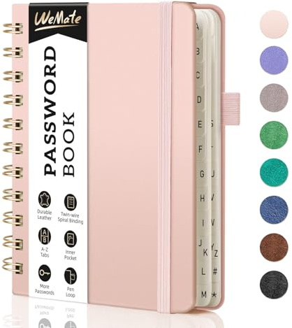 WEMATE Lösenordsbok med alfabetiska flikar, liten 12 x 15 cm - roséguld | Internetinloggningsjournal, spirallösenord anteckningsbok och journal för användarnamn och lösenord, lämplig för seniorer