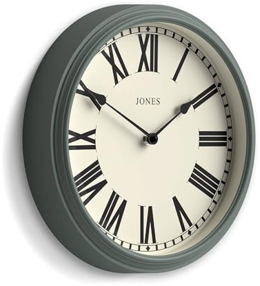Jones Clocks® Hackney wall clock | Classic roman numeral clock | 30cm | Green | Traditional round clock for kitchens, hallways or living spaces with character.