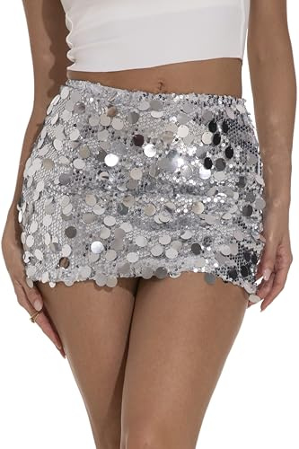 GUANYY Women's Silver Sequin Skirt Pencil Mini Sparkly Skirt Silver Small
