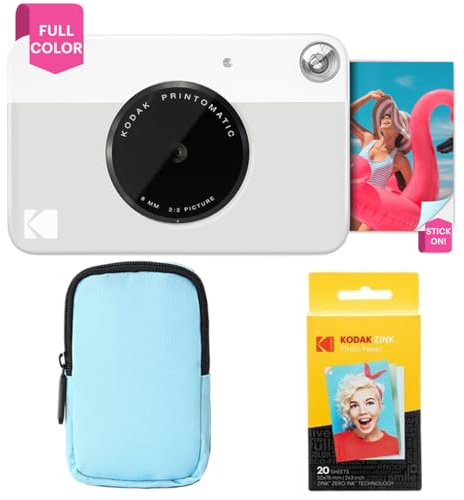 KODAK Printomatic Paquete básico de cámara con impresión instantánea a Todo Color + Estuche Blando + Paquete de 20 Papeles fotográficos Zink - Fotos Coloridas en Papel Adhesivo de 2 x 3 - Gris